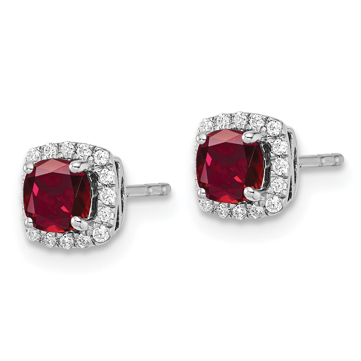 10k White Gold 1/10 Ct. Lab Grown Diamond VS/SI+ G+ and Created Ruby Square Halo Post Earrings