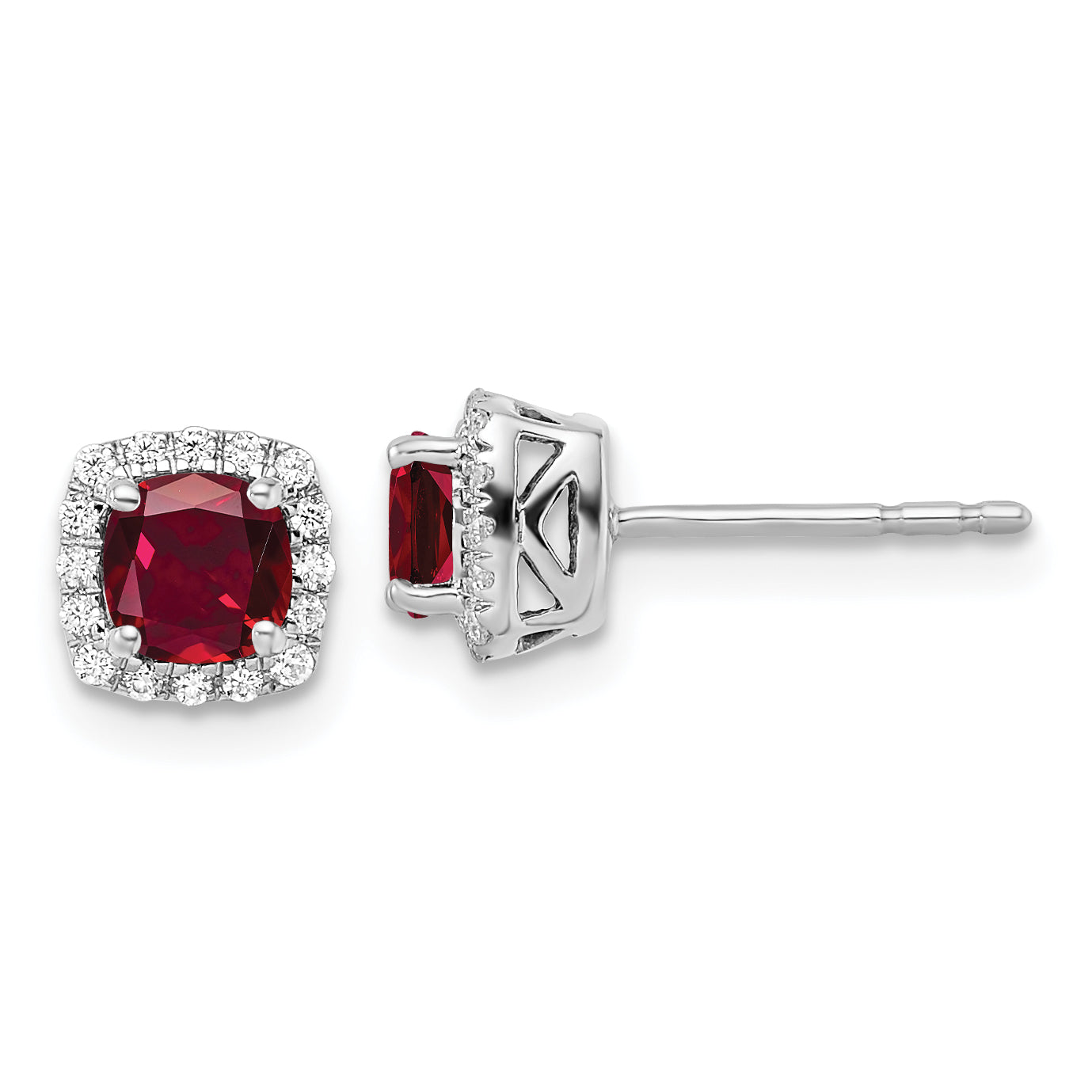 10k White Gold 1/10 Ct. Lab Grown Diamond VS/SI+ G+ and Created Ruby Square Halo Post Earrings