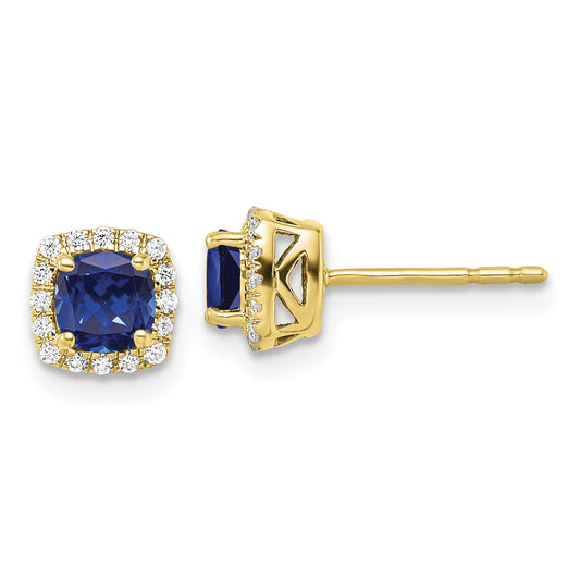 10k Yellow Gold 1/10 Ct. Lab Grown Diamond VS/SI+ G+ and Created Sapphire Square Halo Post Earrings