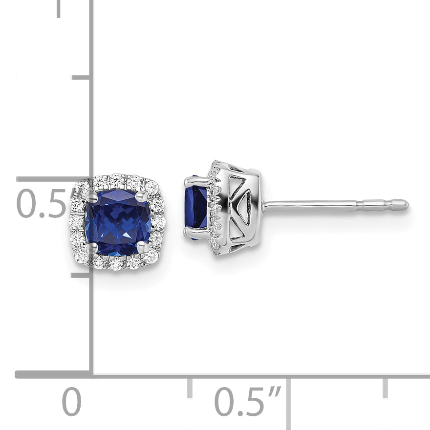 10k White Gold 1/10 Ct. Lab Grown Diamond VS/SI+ G+ and Created Sapphire Square Halo Post Earrings