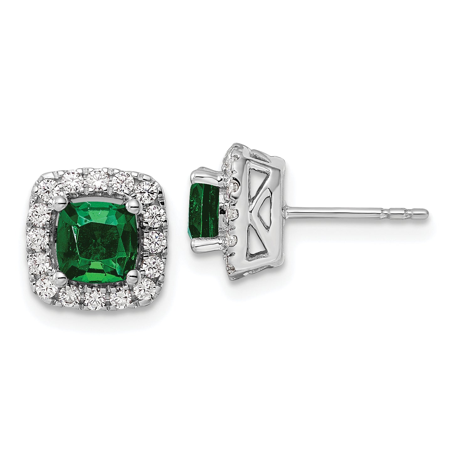 14k White Gold 3/8 Ct. Lab Grown Diamond VS/SI+ G+ May Birthstone Lab Created Emerald Halo Post Earrings