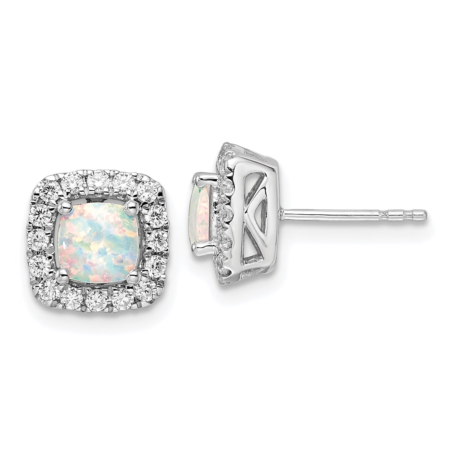 14k White Gold 3/8 Ct. Lab Grown Diamond VS/SI+ G+ October Birthstone Lab Created Opal Halo Post Earrings