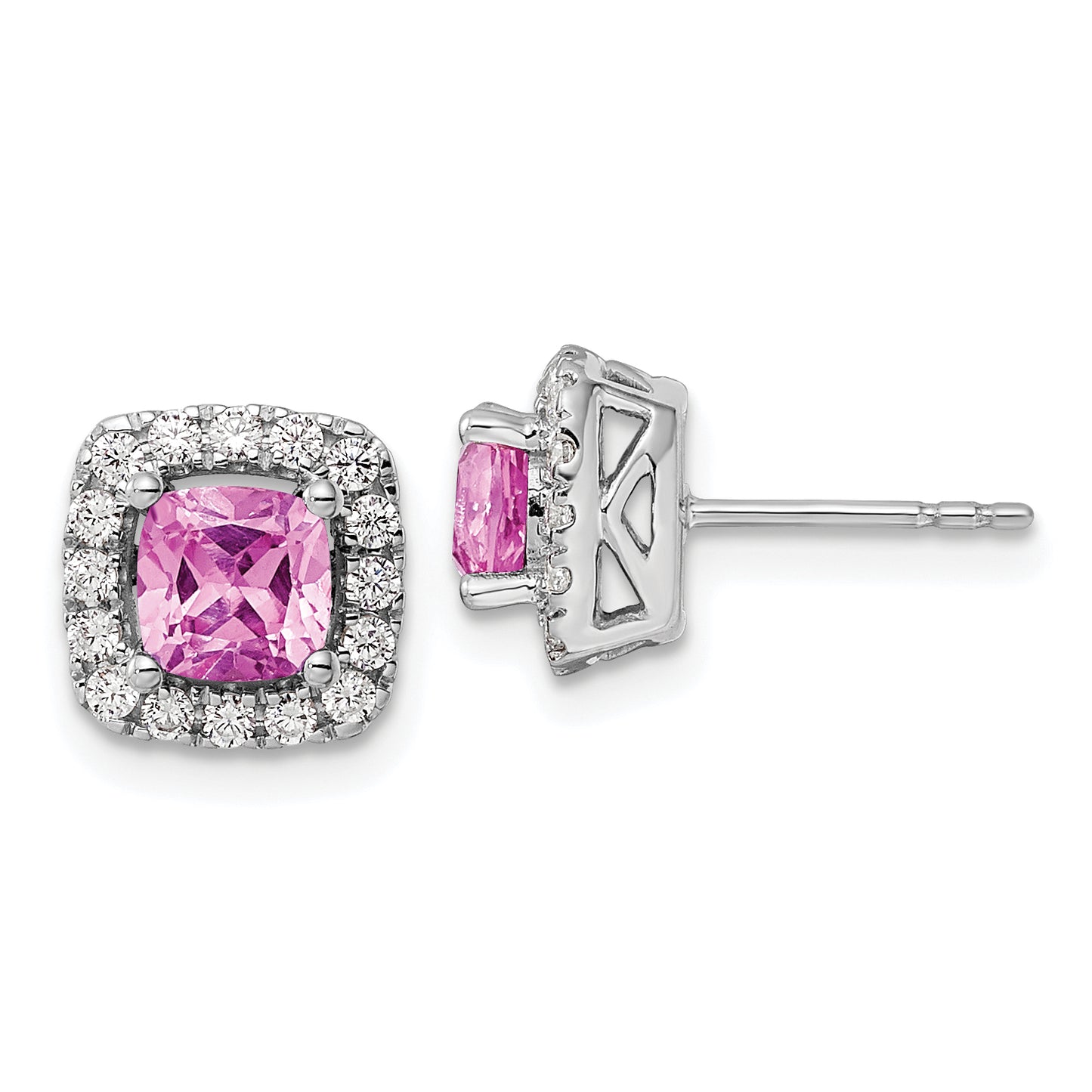 14k White Gold 3/8 Ct. Lab Grown Diamond VS/SI+ G+ October Birthstone Lab Created Pink Sapphire Halo Post Earrings