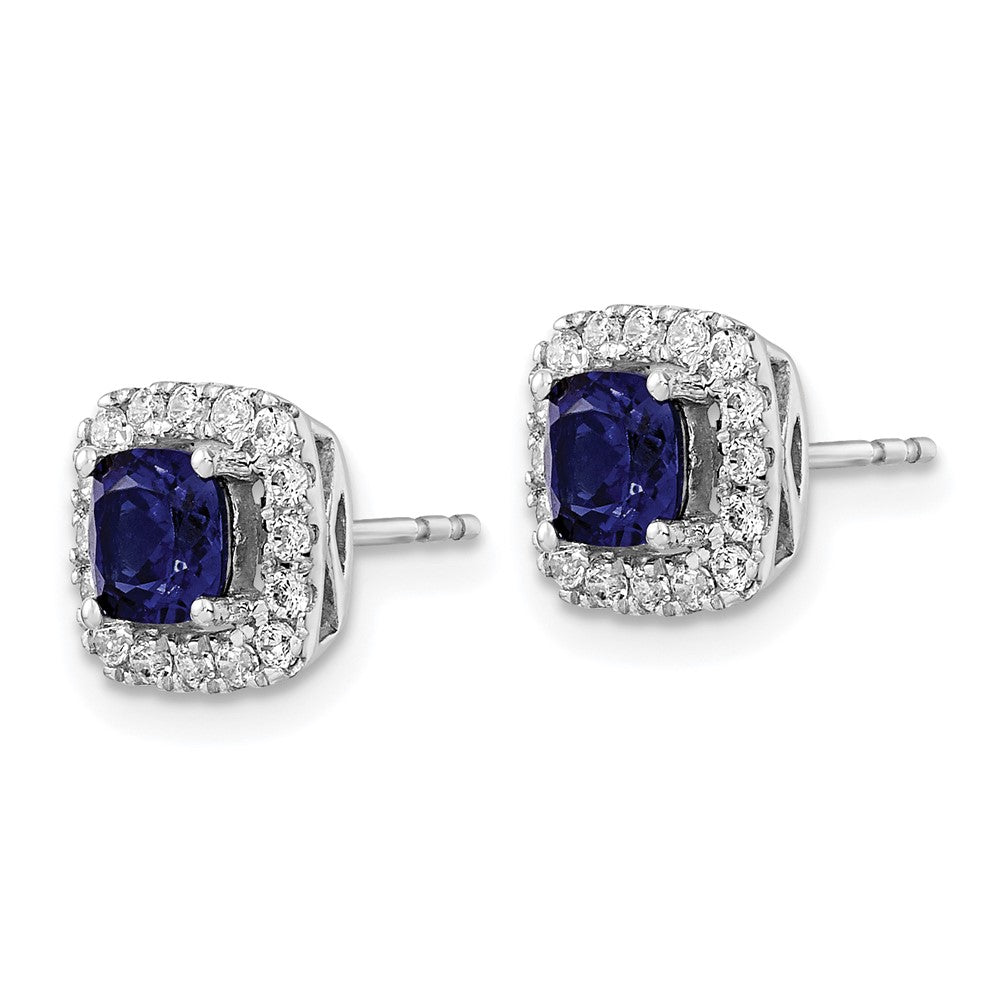 14k White Gold 3/8 Ct. Lab Grown Diamond VS/SI+ G+ September Birthstone Lab Created Blue Sapphire Halo Post Earrings