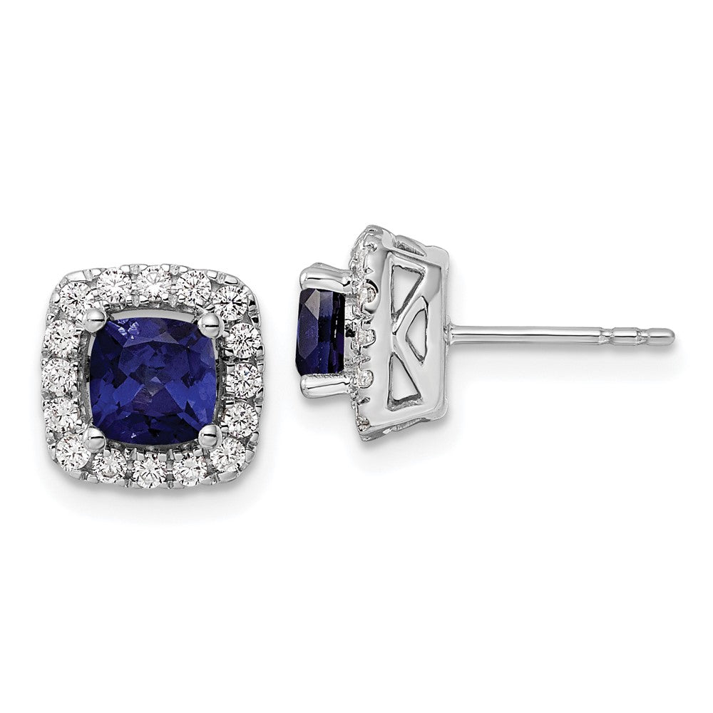 14k White Gold 3/8 Ct. Lab Grown Diamond VS/SI+ G+ September Birthstone Lab Created Blue Sapphire Halo Post Earrings