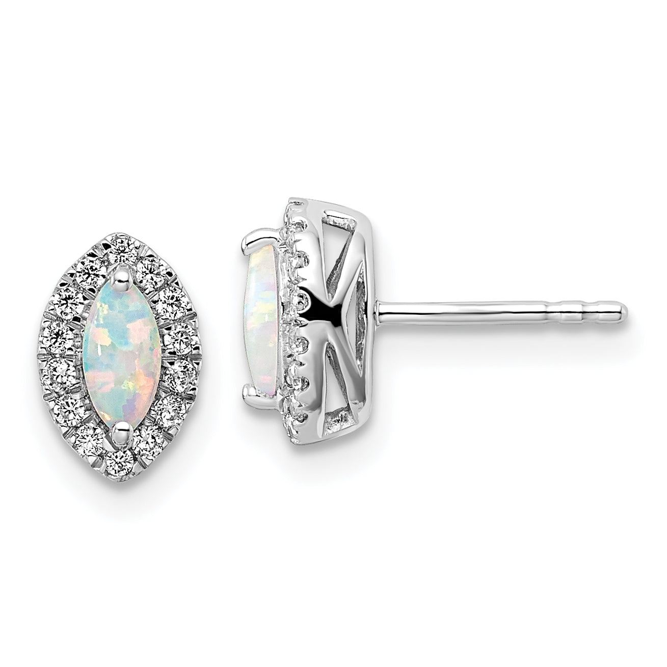 14k White Gold 1/5 Ct. Lab Grown Diamond VS/SI+ G+ and Lab Created Opal October Birthstone Post Earrings