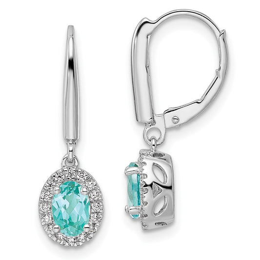 Pure Serenity 14k White Gold 1/5 carat Lab Grown Diamond VS/SI+ G+ and Lab Created Paraiba Leverback Dangle Earrings