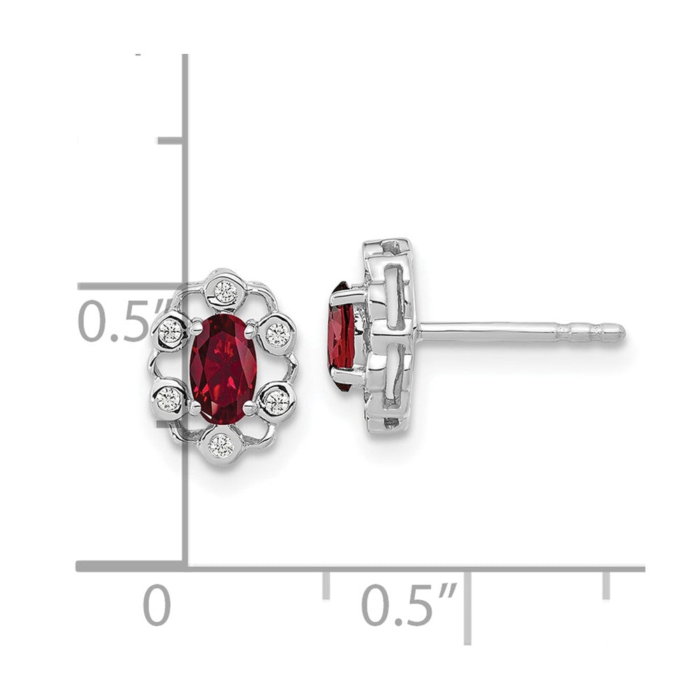 14k White Gold 1/20 carat Lab Grown Diamond VS/SI+ G+ and Oval Created Ruby Complete Halo Post Earrings