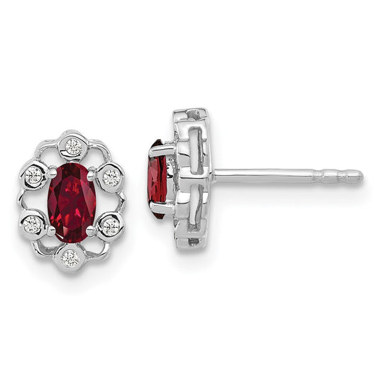 14k White Gold 1/20 carat Lab Grown Diamond VS/SI+ G+ and Oval Created Ruby Complete Halo Post Earrings