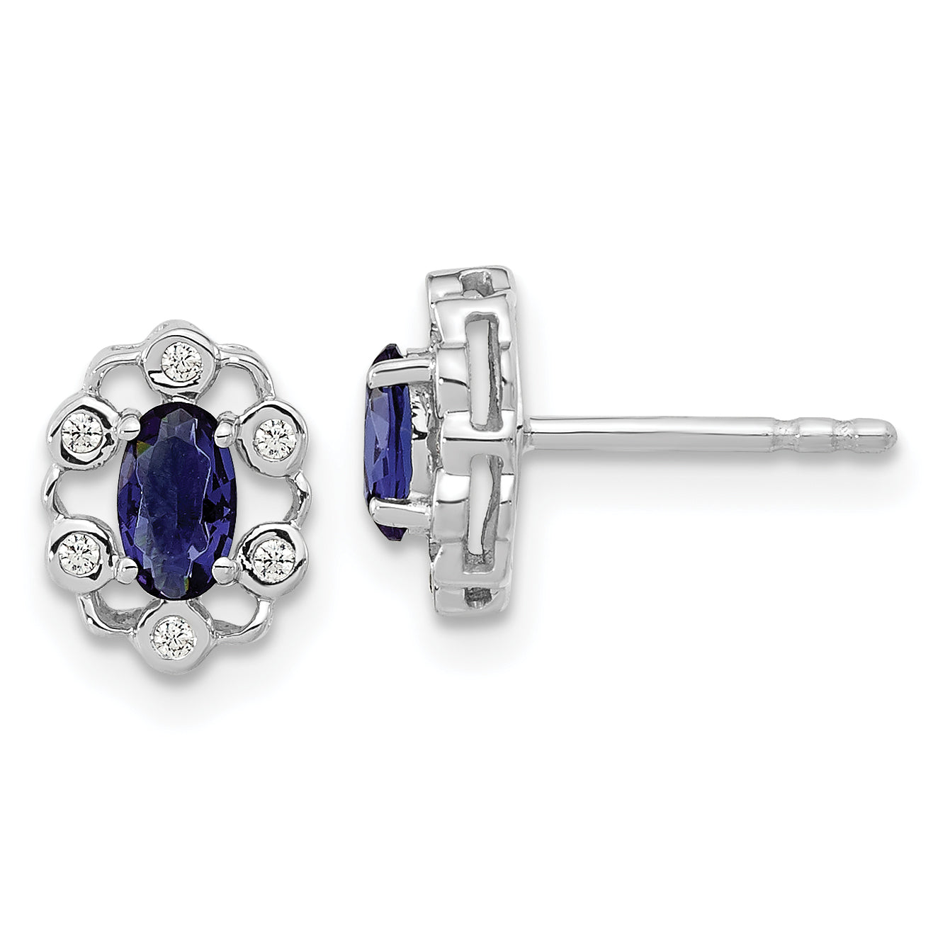 14k White Gold 1/20 Ct. Lab Grown Diamond VS/SI+ G+ and Oval Created Sapphire Halo Post Earrings