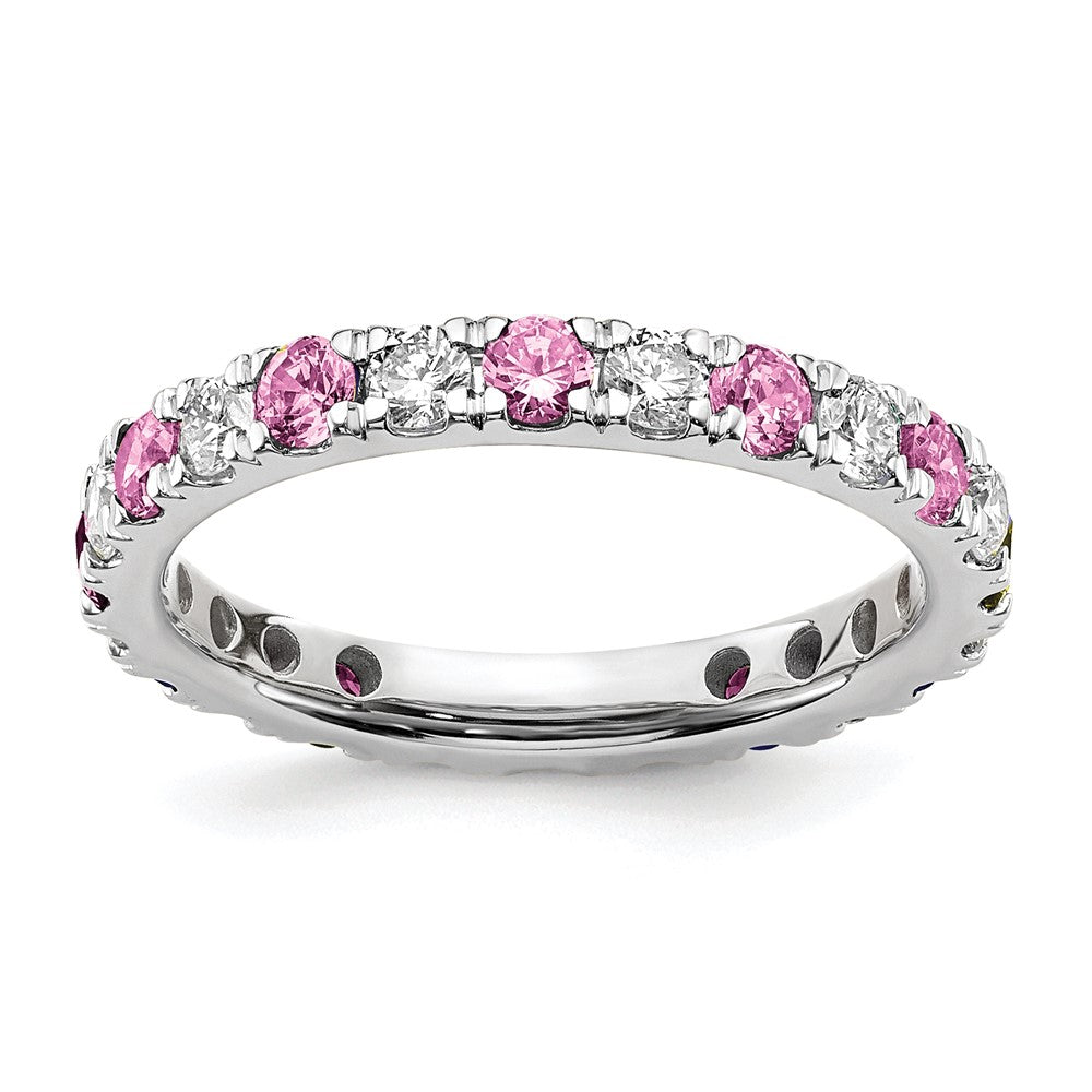 14k White Gold 3/4 Ct. Lab Grown Diamond VS/SI+ G+ and Lab Created Pink Sapphire Size 4 Eternity Band