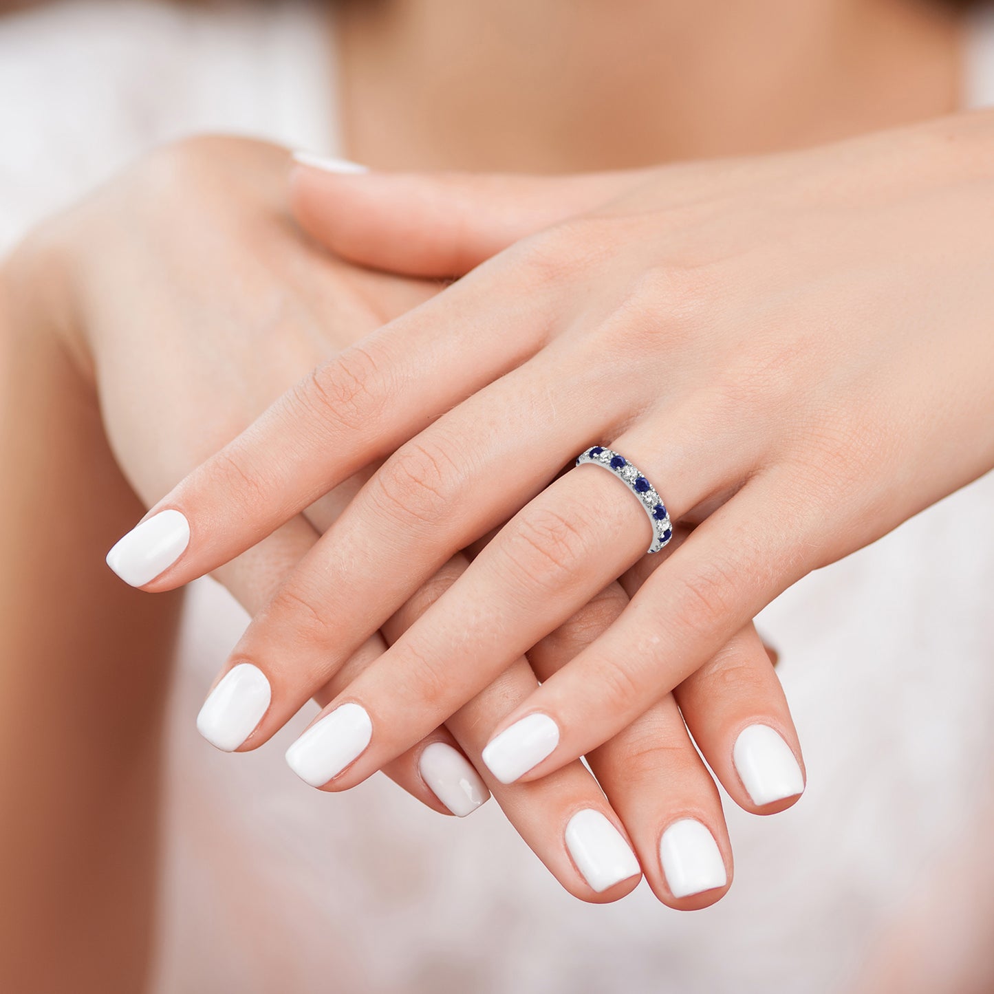 14k White Gold 1 Ct. Lab Grown Diamond VS/SI+ G+ and Lab Created Blue Sapphire Eternity Band Ring