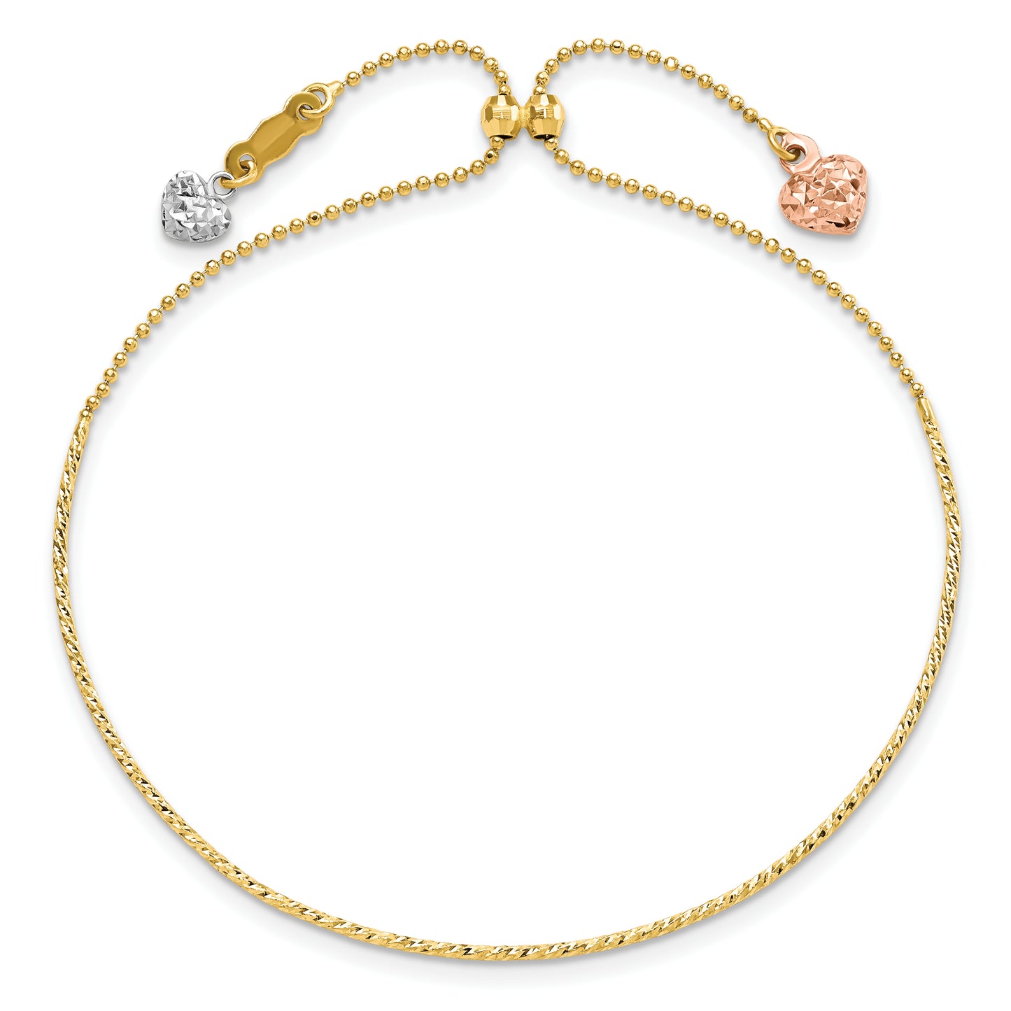 14K Tri-Color D/C Heart Adjustable Bracelet