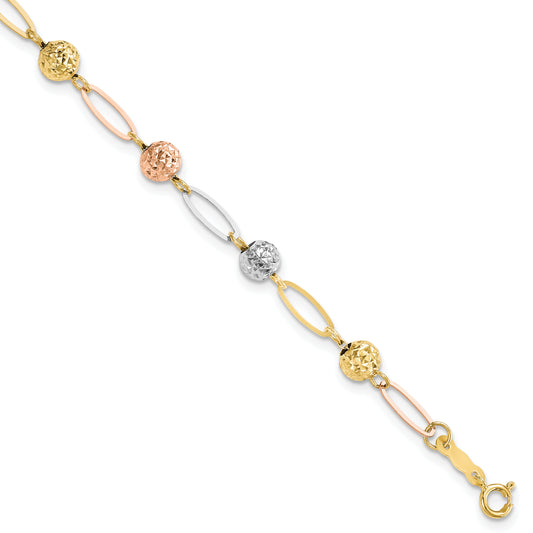 7 Inch 14K Tri-Color D/C Beads Link Bracelet