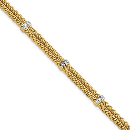 7.5 Inch 14K W/Rhodium Polished Double Wheat Chain Bracelet