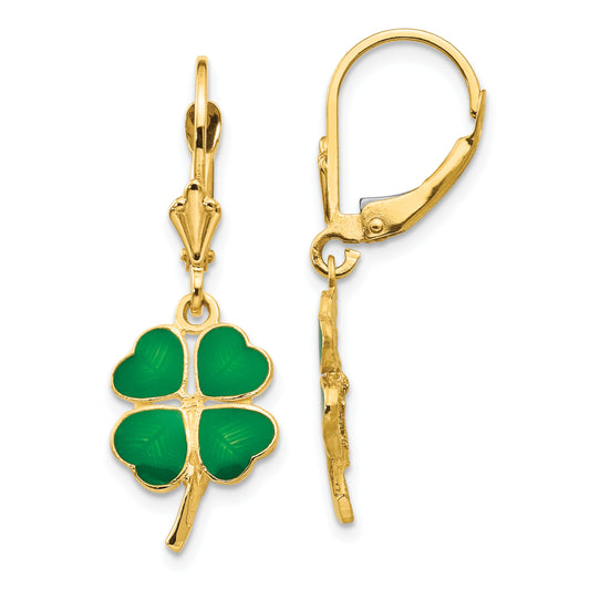 14K Yellow Gold Enameled Clover Leverback Earrings