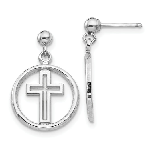 14K White Gold Polished Eternal Life Cross Dangle Post Earrings