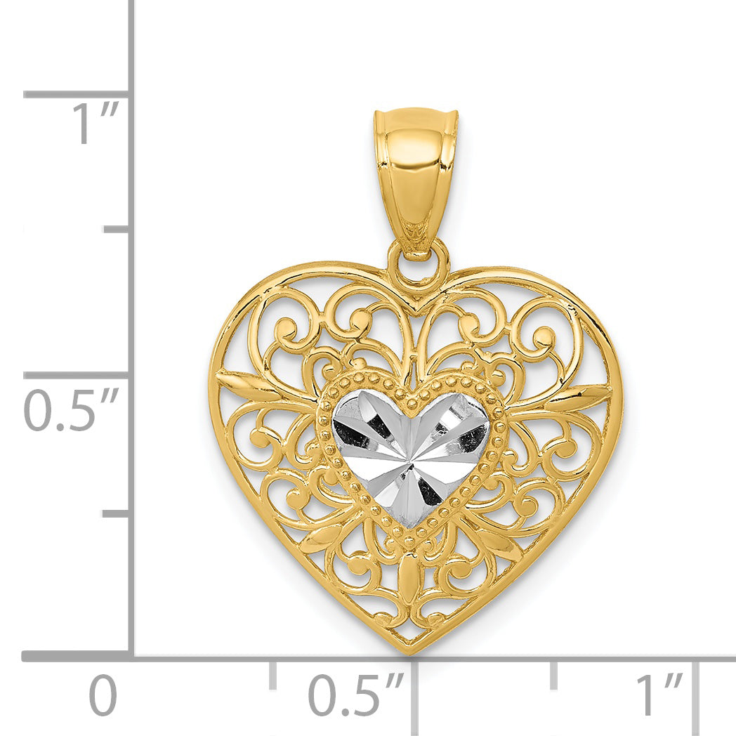 14K Yellow & Rhodium And White Polished Diamond-Cut Filigree Heart Pendant