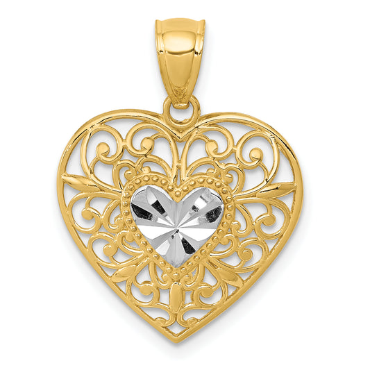 14K Yellow & Rhodium And White Polished Diamond-Cut Filigree Heart Pendant