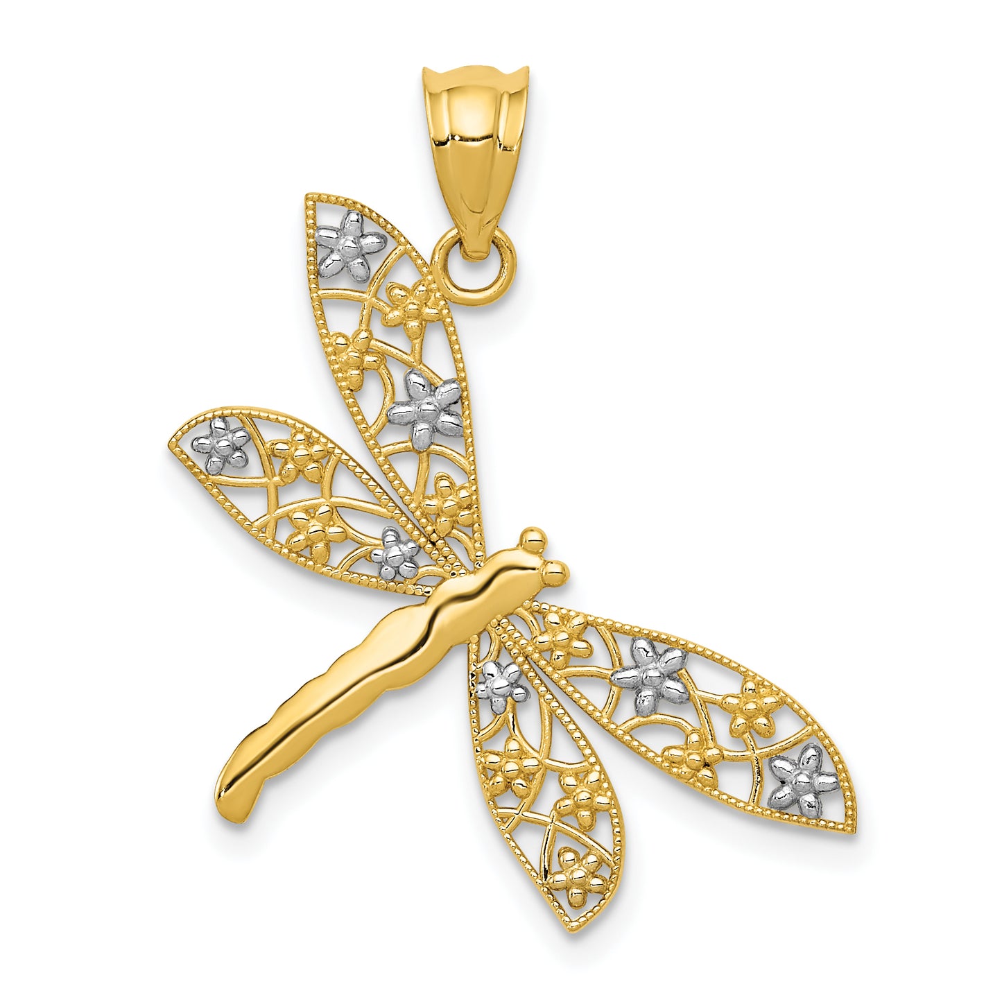 14K Yellow & Rhodium W/Rhodium Filigree Dragonfly Pendant