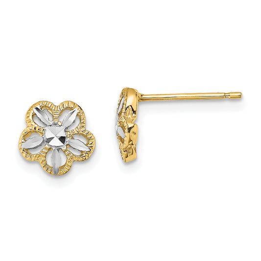 14K Yellow & Rhodium W/Rhodium Diamond-Cut Flower Post Earrings