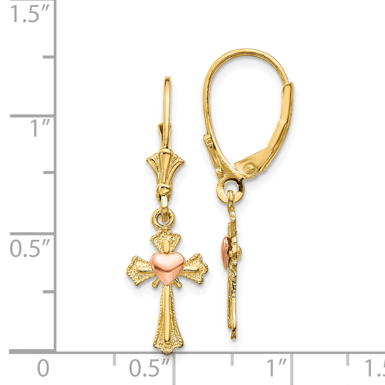 14K Two-Tone Heart On Cross Leverback Earrings