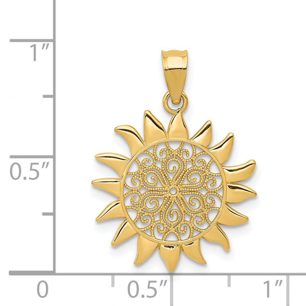 14K Yellow Gold Polished Filigree Sun Pendant