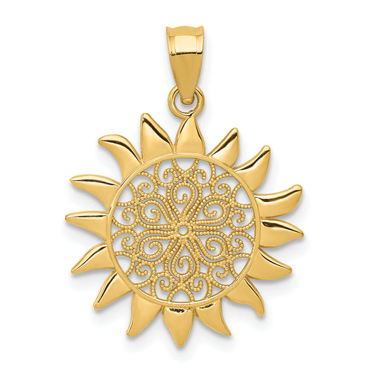 14K Yellow Gold Polished Filigree Sun Pendant