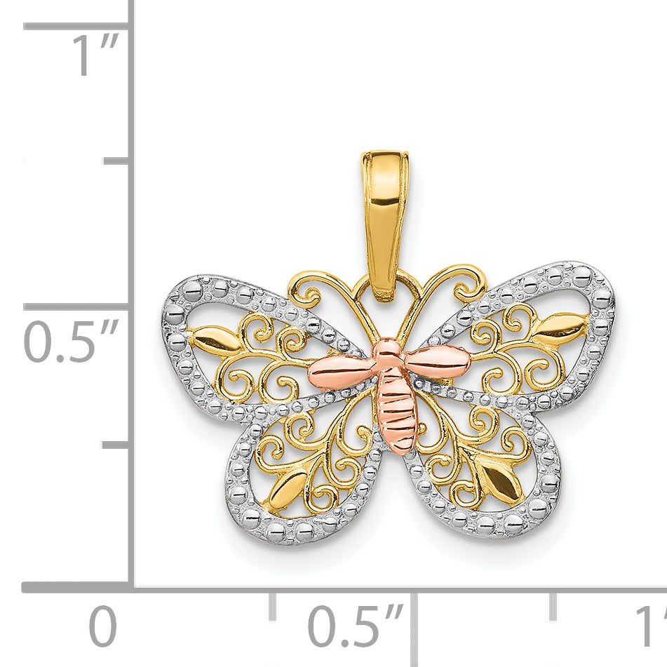 14K Two-Tone W/White Rhodium Diamond-Cut Butterfly Pendant