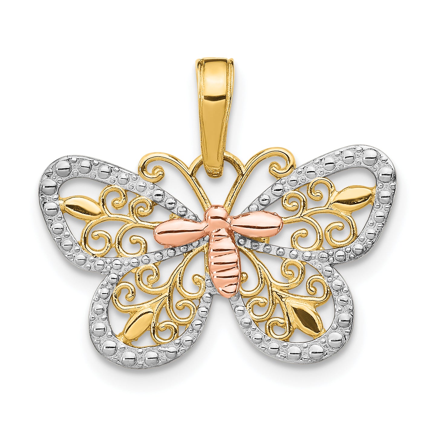 14K Two-Tone W/White Rhodium Diamond-Cut Butterfly Pendant