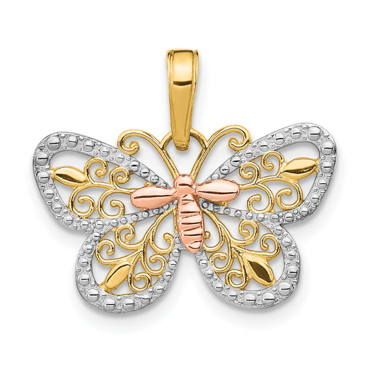 14K Two-Tone W/White Rhodium Diamond-Cut Butterfly Pendant