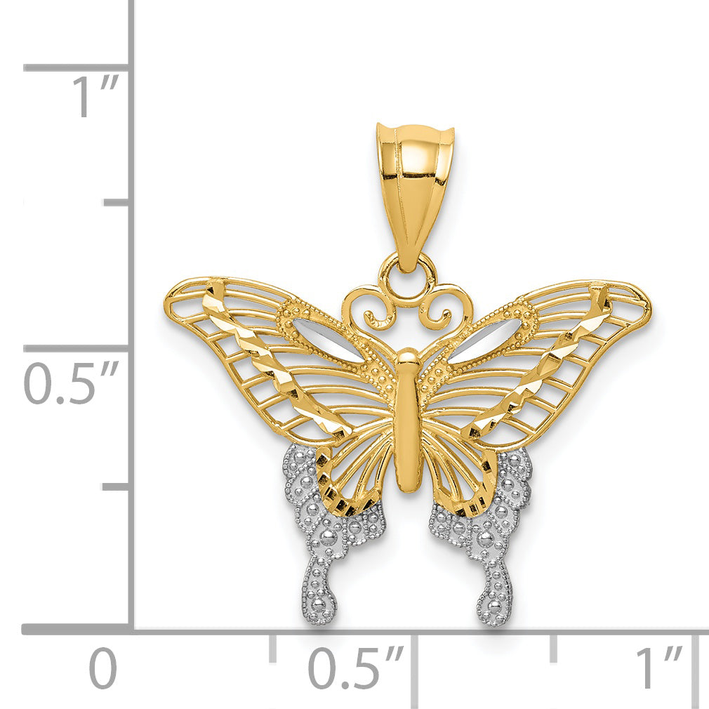 14K Yellow & Rhodium And Diamond-Cut Butterfly Pendant