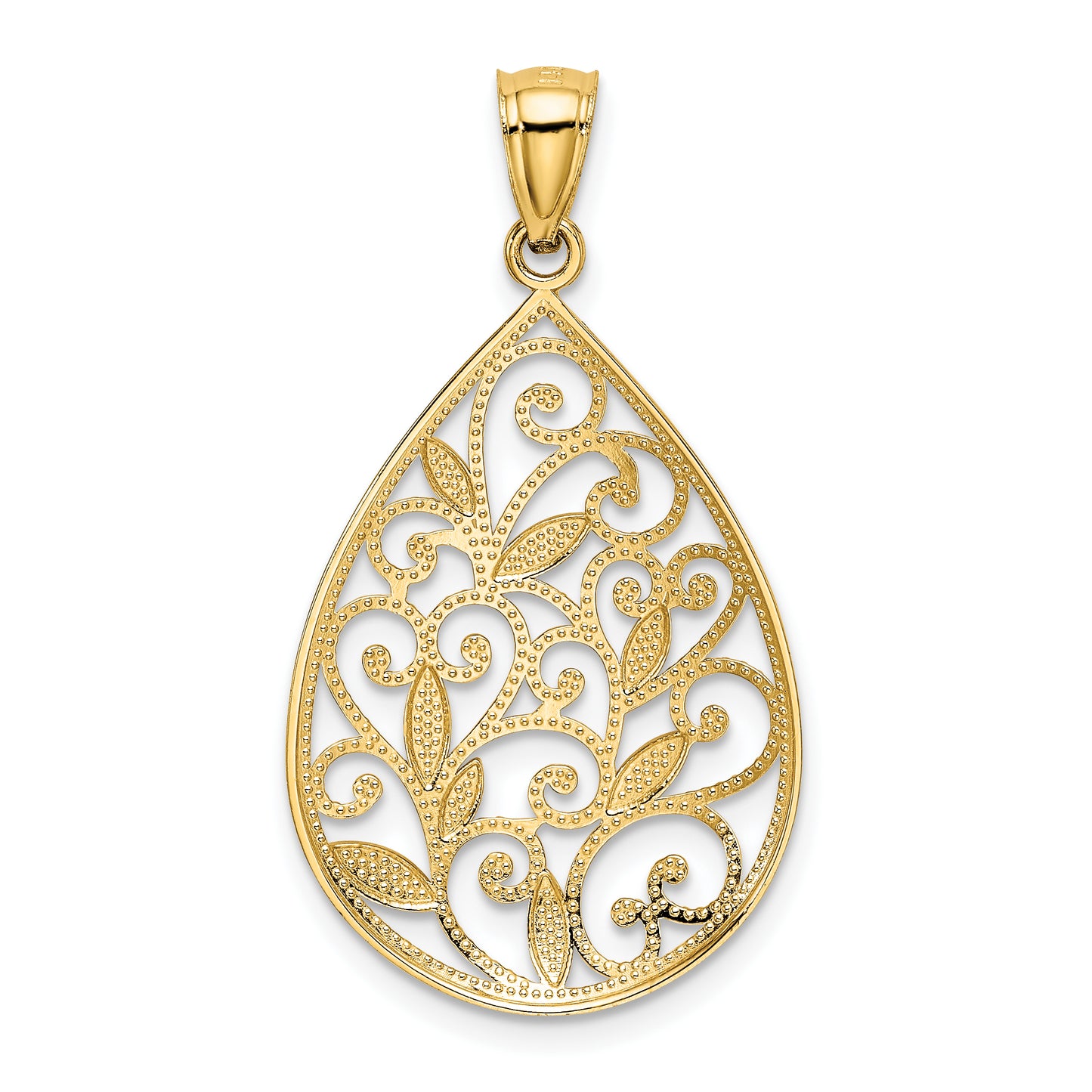 14K Yellow Gold Polished / Textured Filigree Teardrop Pendant