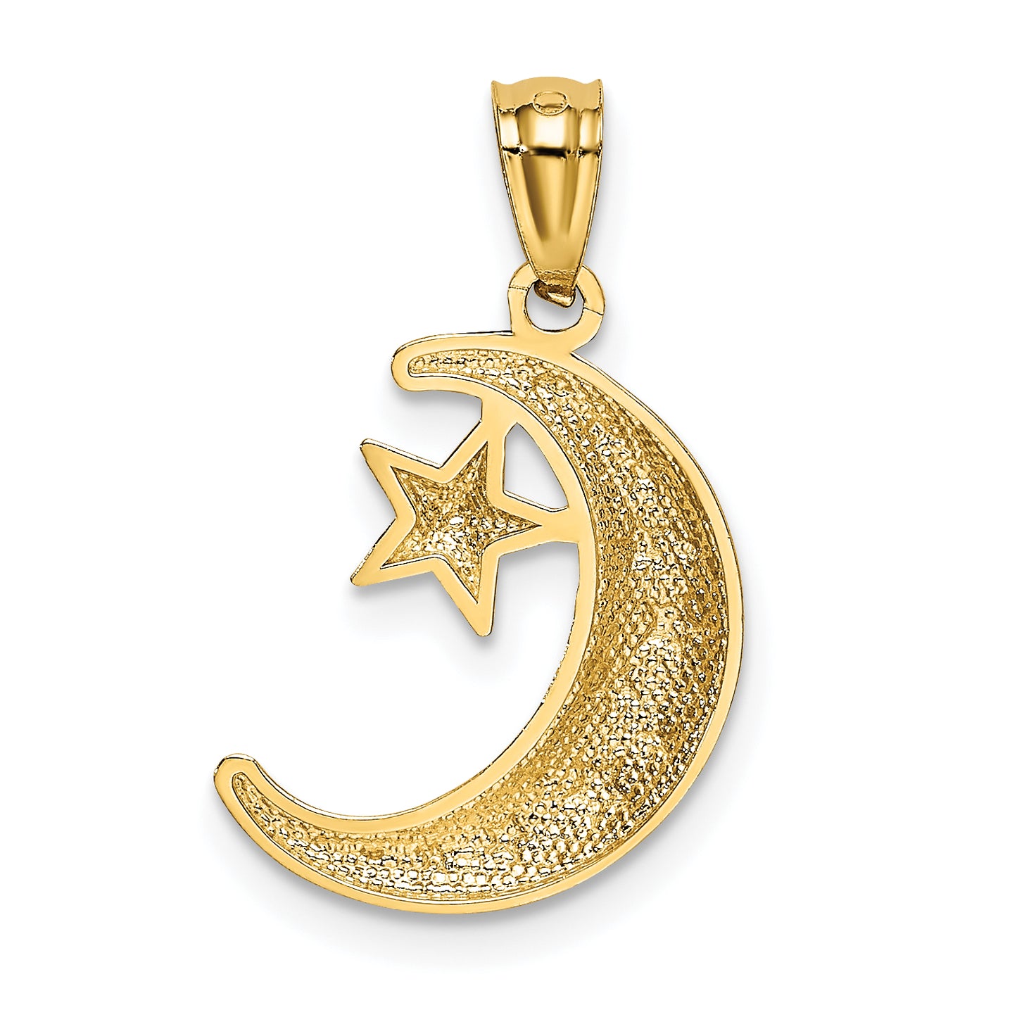 14K Yellow Gold Polished And Textured Moon Stars Pendant