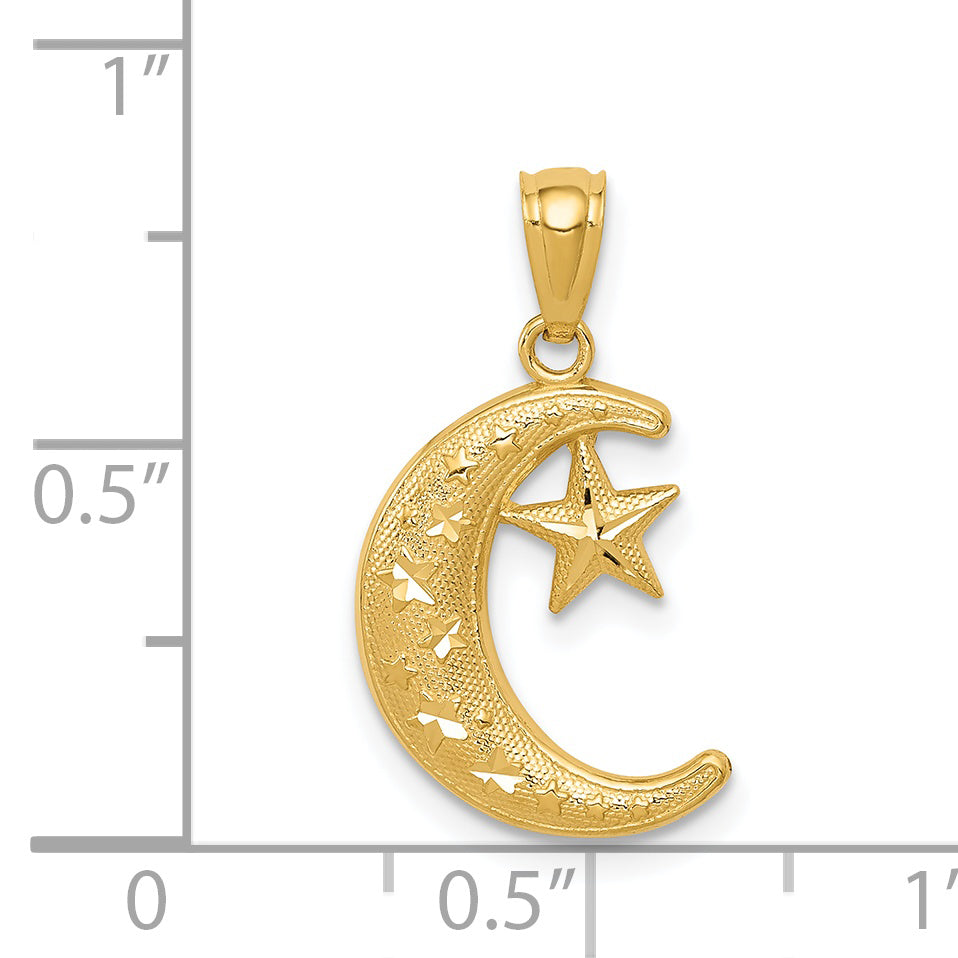 14K Yellow Gold Polished And Textured Moon Stars Pendant