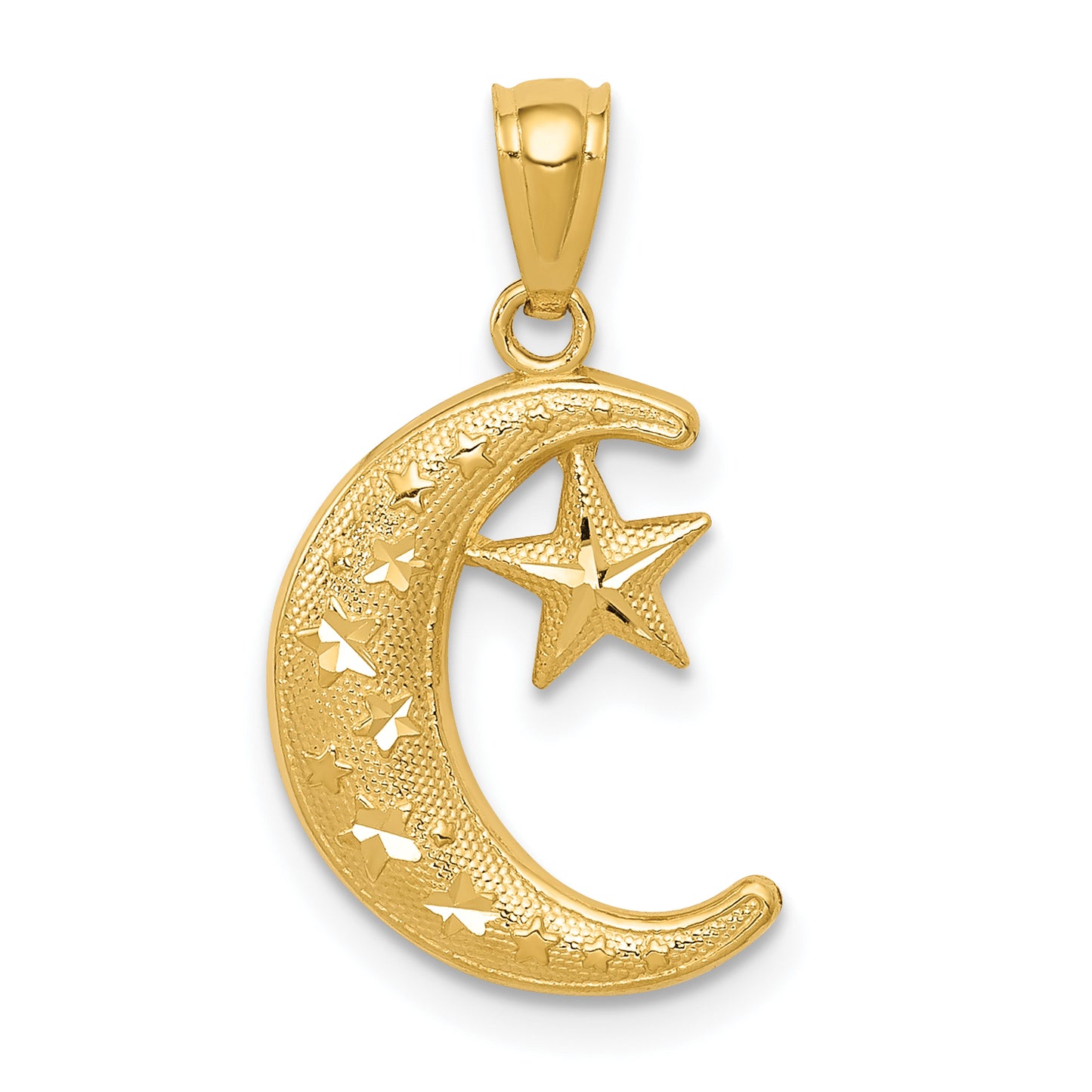 14K Yellow Gold Polished And Textured Moon Stars Pendant