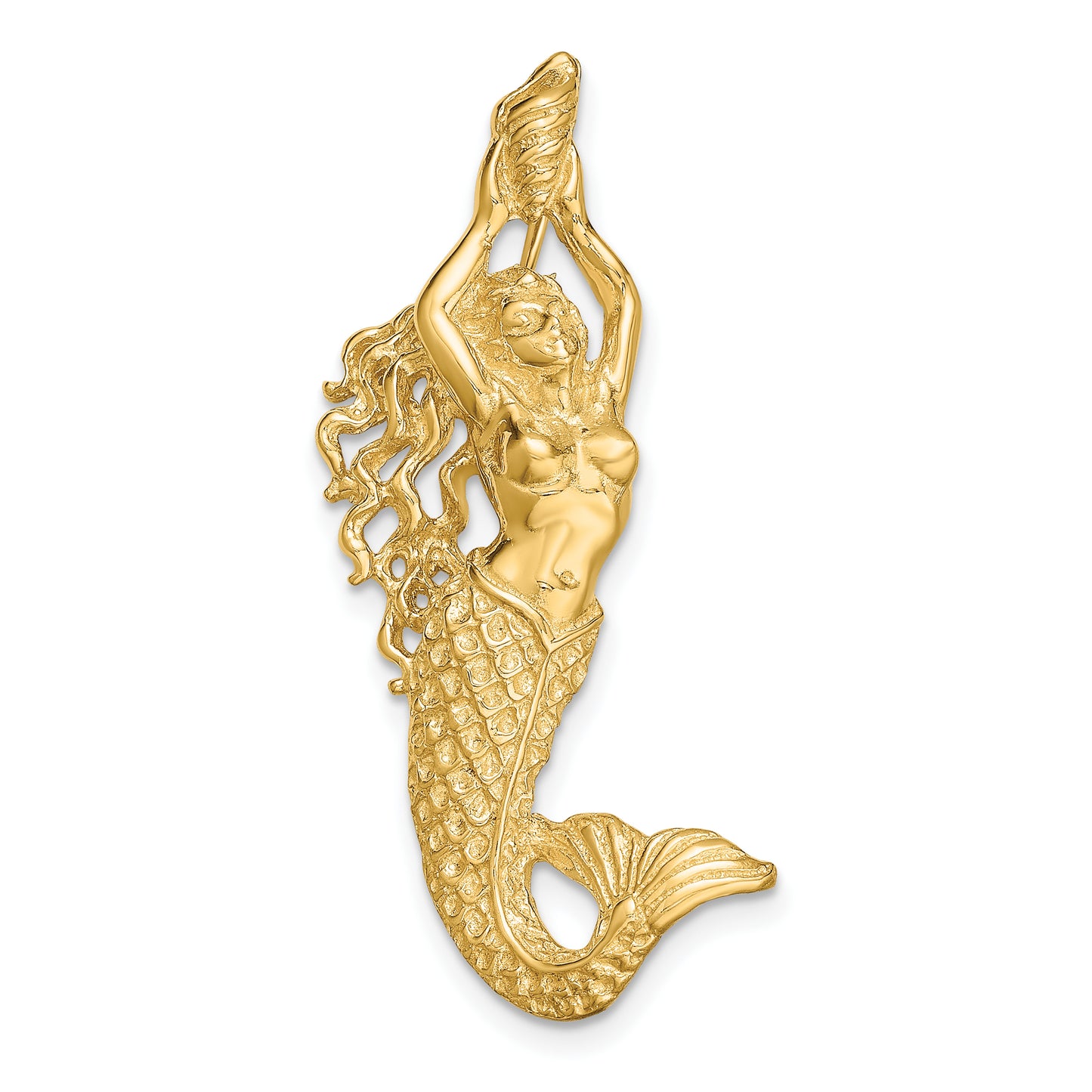 14K Yellow Gold Polished / Textured Mermaid Chain Slide Pendant