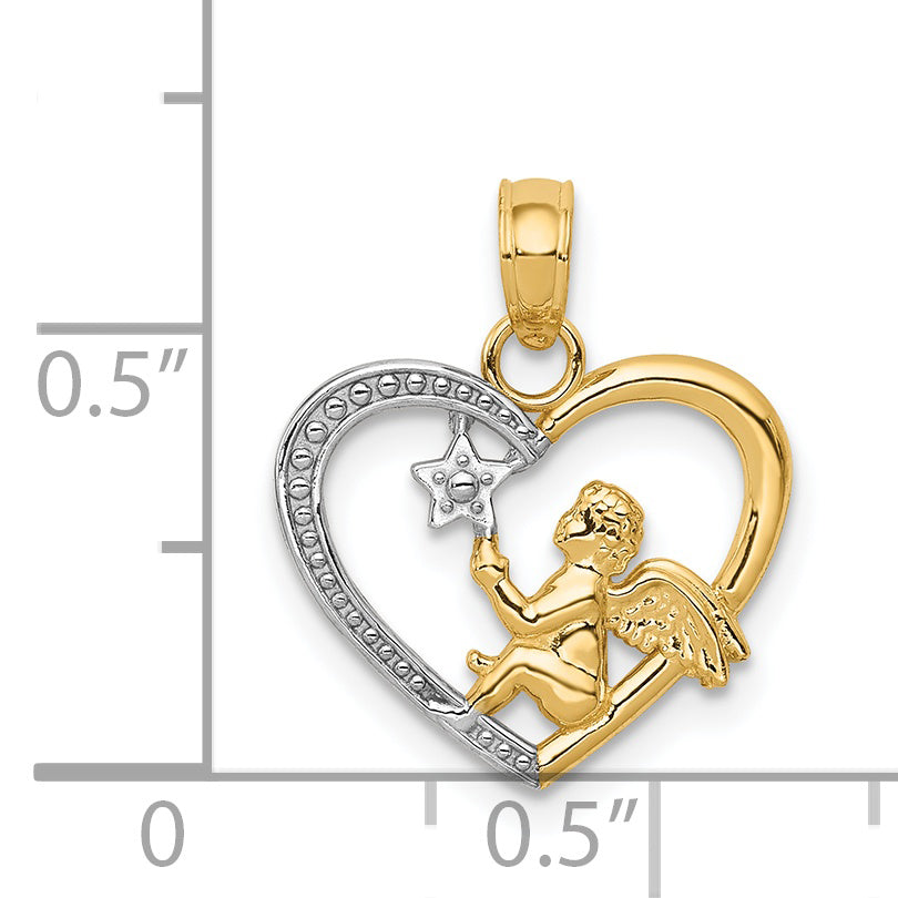 14K Yellow & Rhodium W/Rhodium Angel In Heart W/ Star Pendant