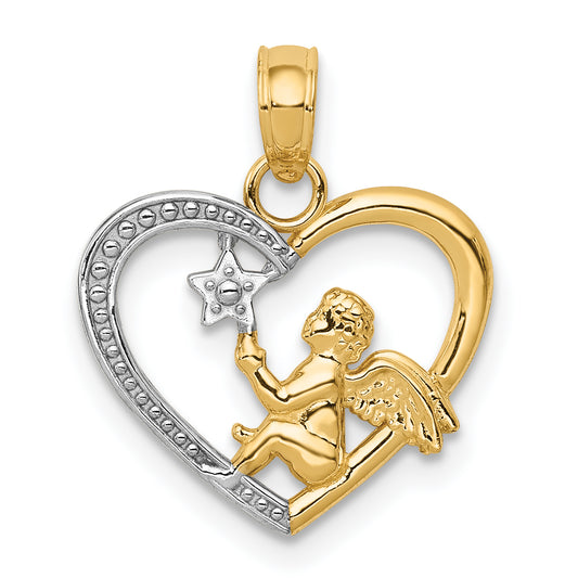 14K Yellow & Rhodium W/Rhodium Angel In Heart W/ Star Pendant