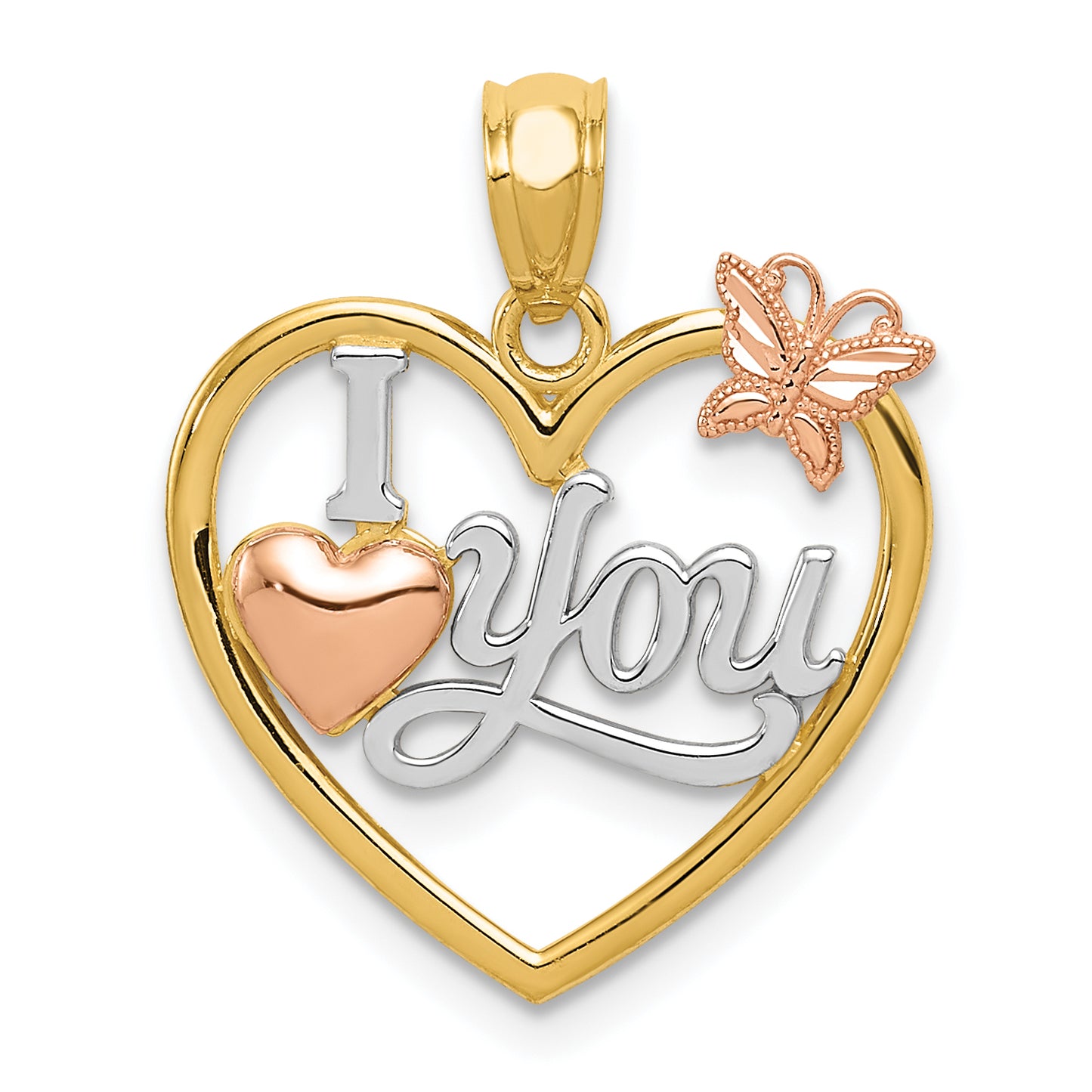 14K Two-Tone W/White Rhod I Love You Heart W/Butterfly Pendant