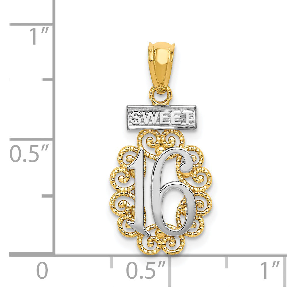 14K Yellow & Rhodium W/Rhodium Sweet 16 W/Filigree Pendant