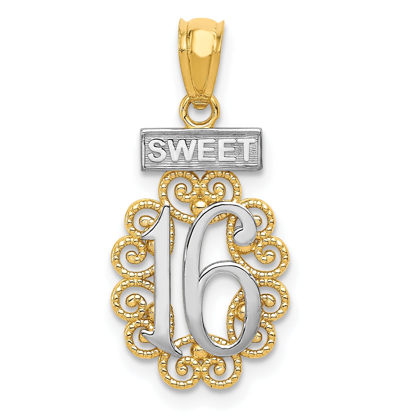 14K Yellow & Rhodium W/Rhodium Sweet 16 W/Filigree Pendant