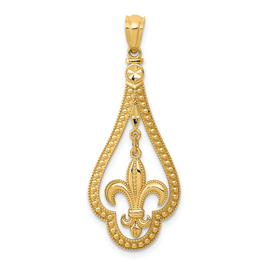 14K Yellow Gold Diamond-Cut Polished Fleur De Lis Dangle Pendant