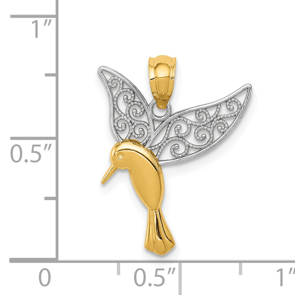 14K Yellow & Rhodium W/Rhodium Polished Hummingbird Filigree Wings Pendant