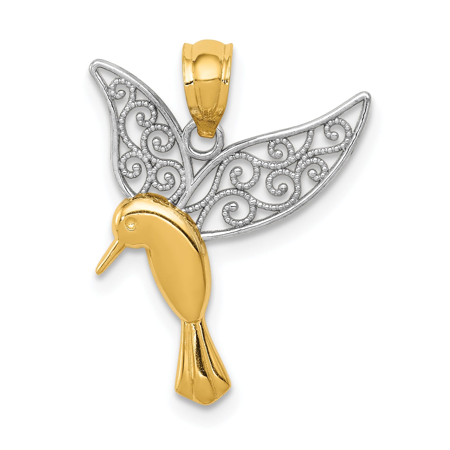 14K Yellow & Rhodium W/Rhodium Polished Hummingbird Filigree Wings Pendant