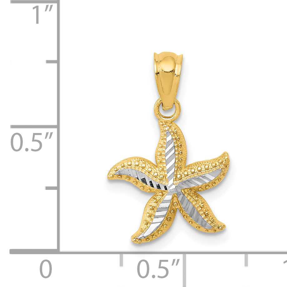 14K Yellow & Rhodium With White Diamond-Cut Starfish Pendant