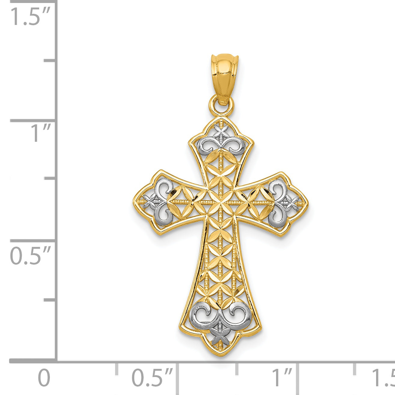 14K Yellow & Rhodium W/Rhodium Polished D/C Filigree Cross Pendant