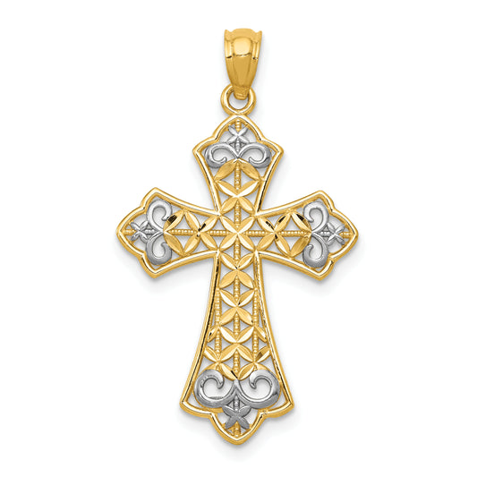 14K Yellow & Rhodium W/Rhodium Polished D/C Filigree Cross Pendant