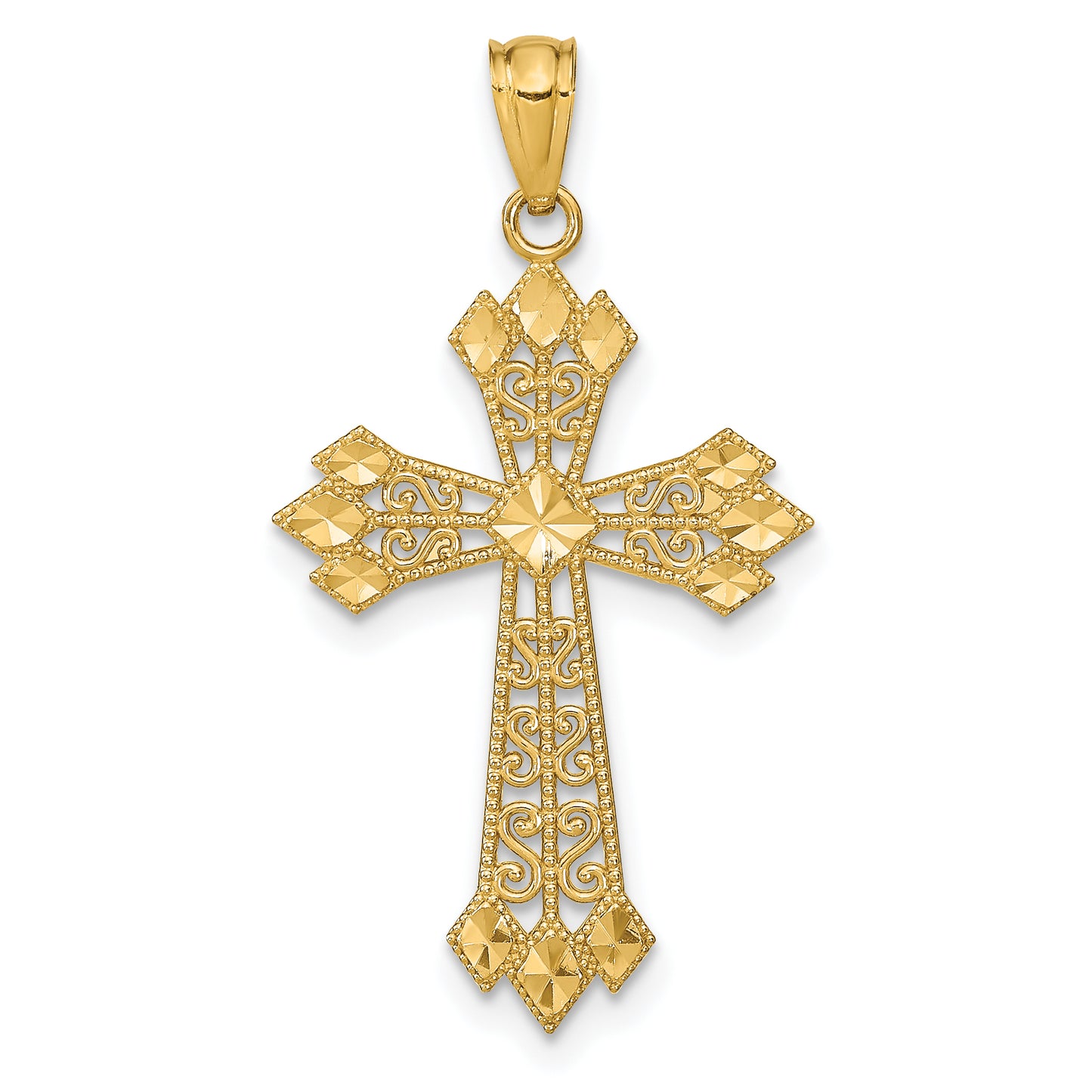 14K Yellow Gold Diamond-Cut Polished Filigree Cross Pendant