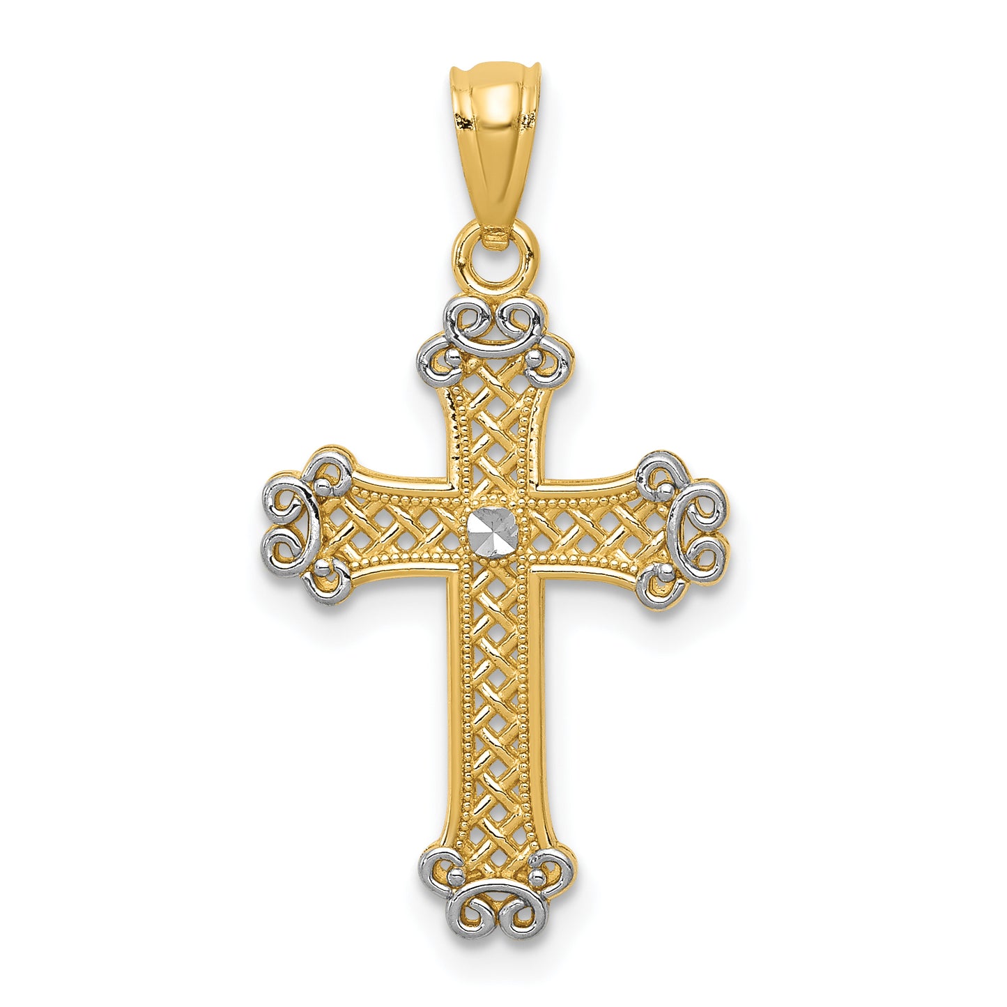 14K Yellow & Rhodium W/Rhodium Diamond-Cut Filigree Cross Pendant